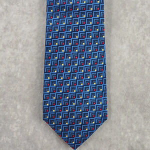 Baronshire‎ Blue Red Yellow Geometric Repp 100% Silk Mens Neck Tie